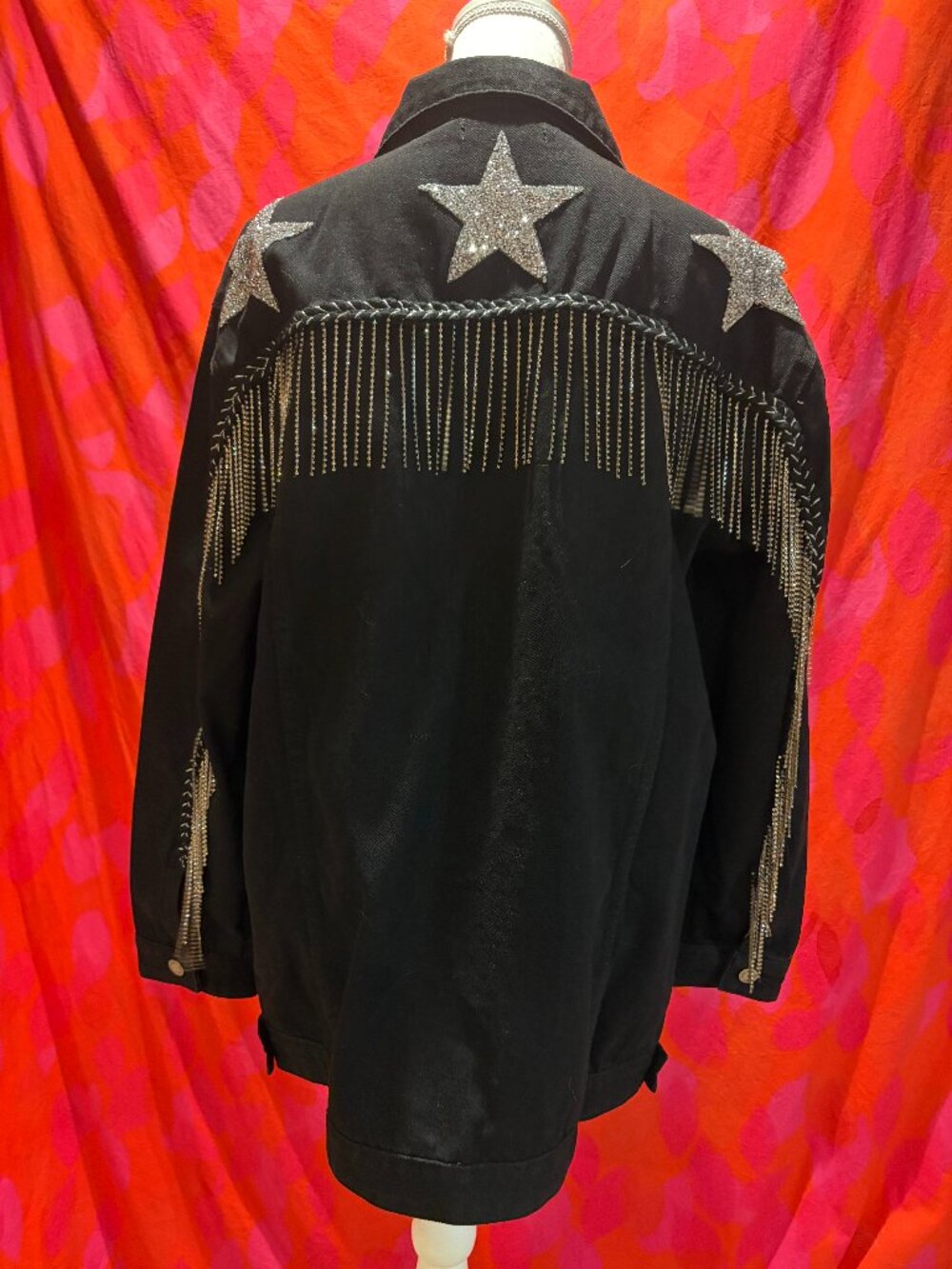 Vinizbena black denim bling star fringe jacket- XL- Like New